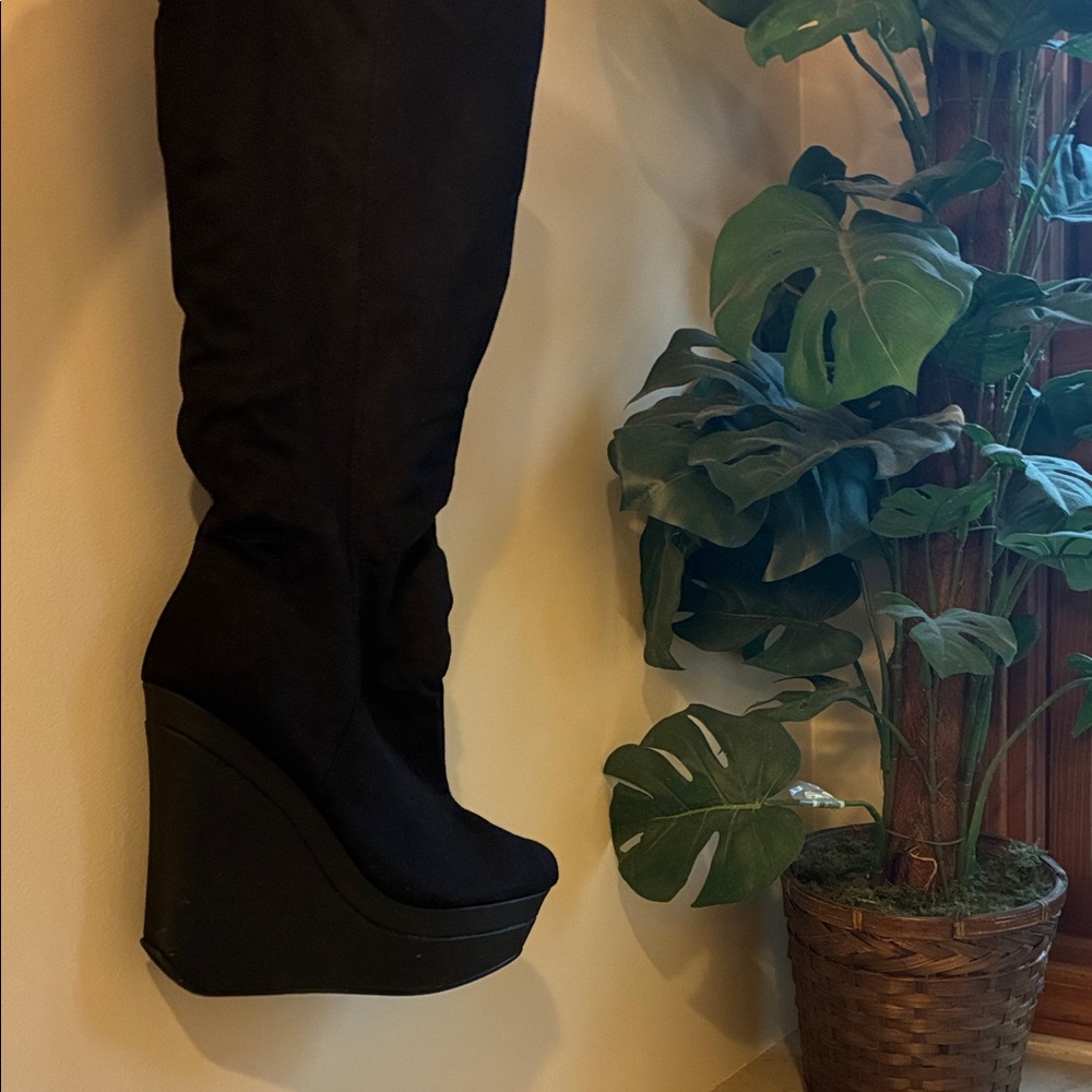 💗 Black Wedge Knee-High Boots sexy glam night out women’s 10 goth punk